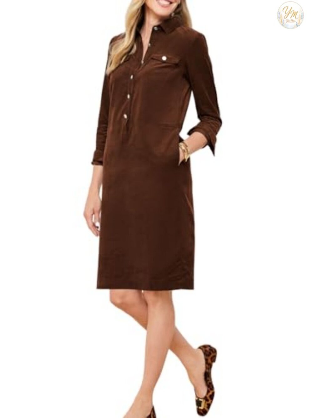 Corduroy Midi Shift Dress Women Long Sleeve Button Down V Neck